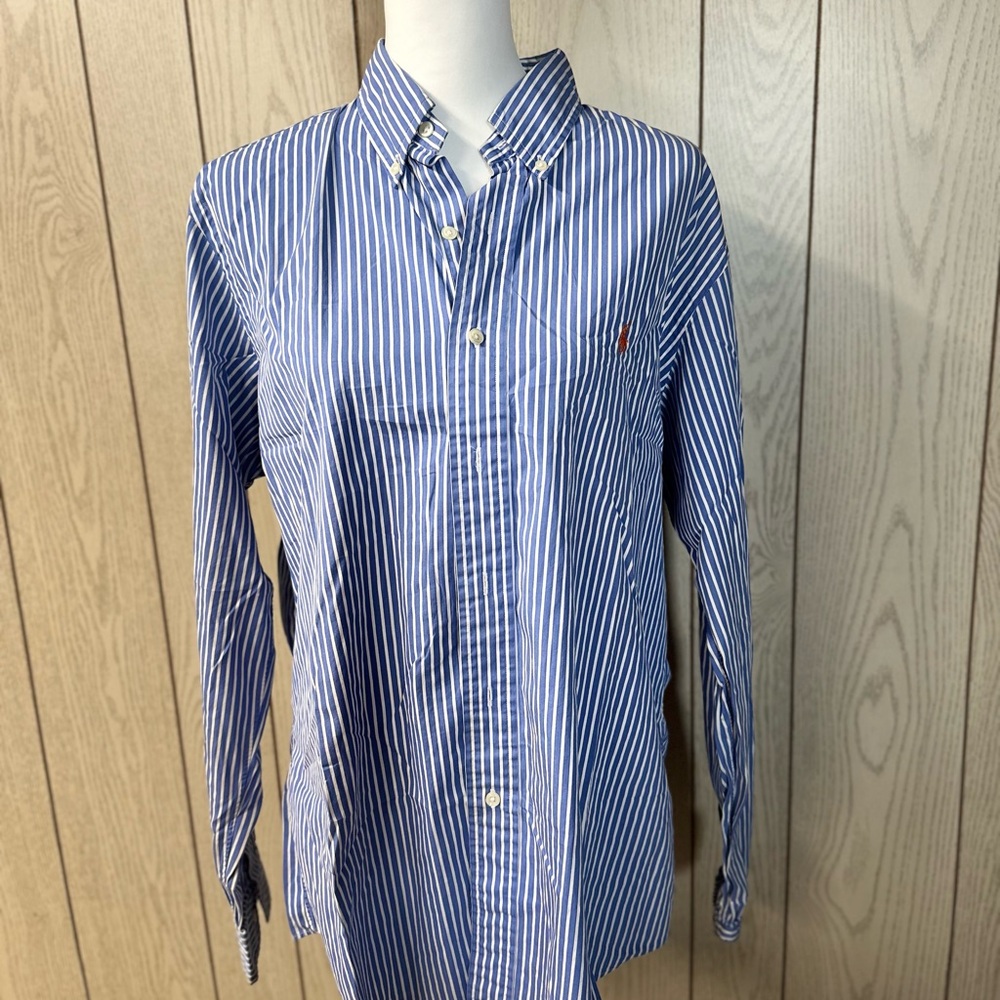 Polo Ralph Lauren Blue and White Striped Button-Down Shirt